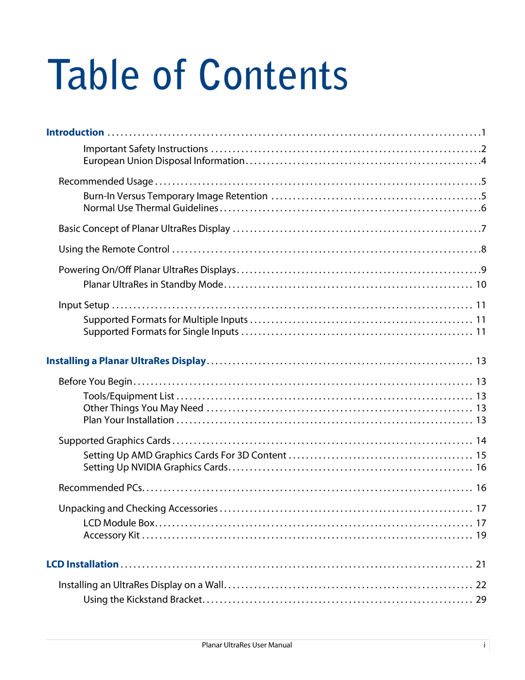 Planar UR8450-LX, UR8450-3D, UR8450-MX manual Table of Contents 