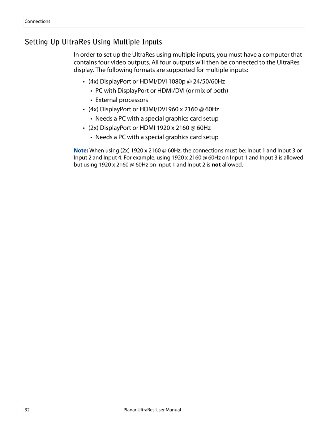 Planar UR8450-MX, UR8450-LX, UR8450-3D manual Setting Up UltraRes Using Multiple Inputs 