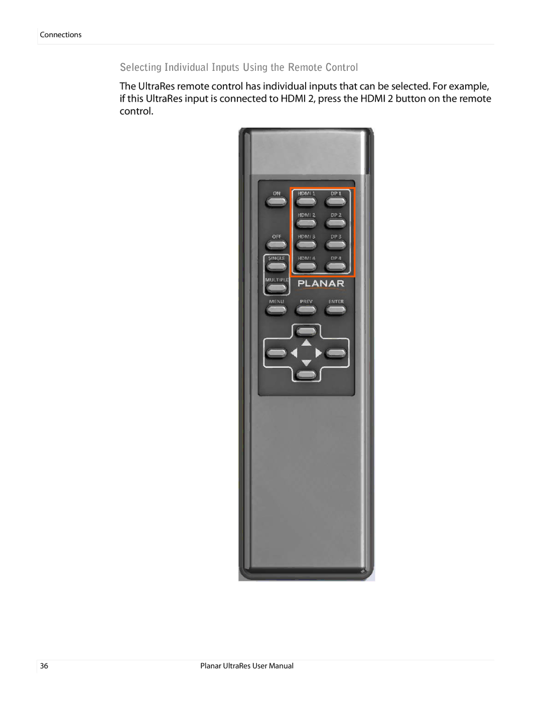 Planar UR8450-LX, UR8450-3D, UR8450-MX manual Selecting Individual Inputs Using the Remote Control 