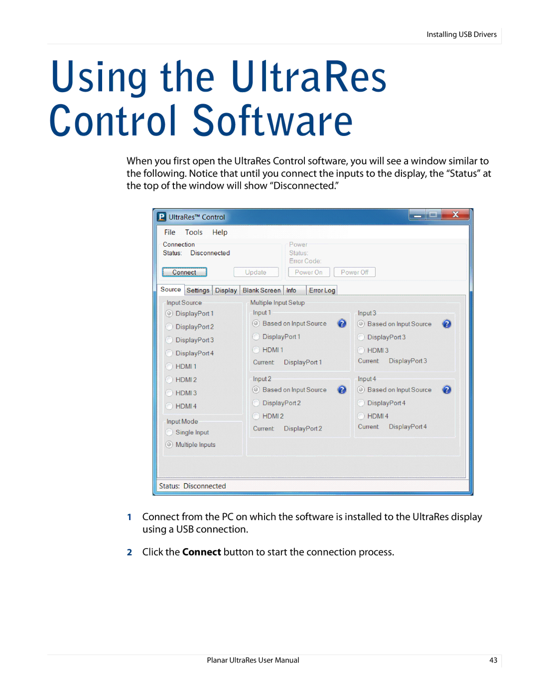 Planar UR8450-3D, UR8450-LX, UR8450-MX manual Using the UltraRes Control Software 