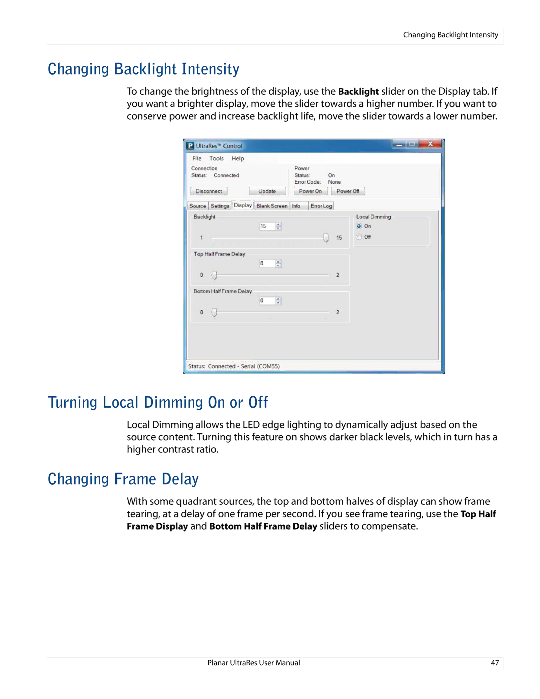 Planar UR8450-MX, UR8450-LX, UR8450-3D Changing Backlight Intensity, Turning Local Dimming On or Off, Changing Frame Delay 