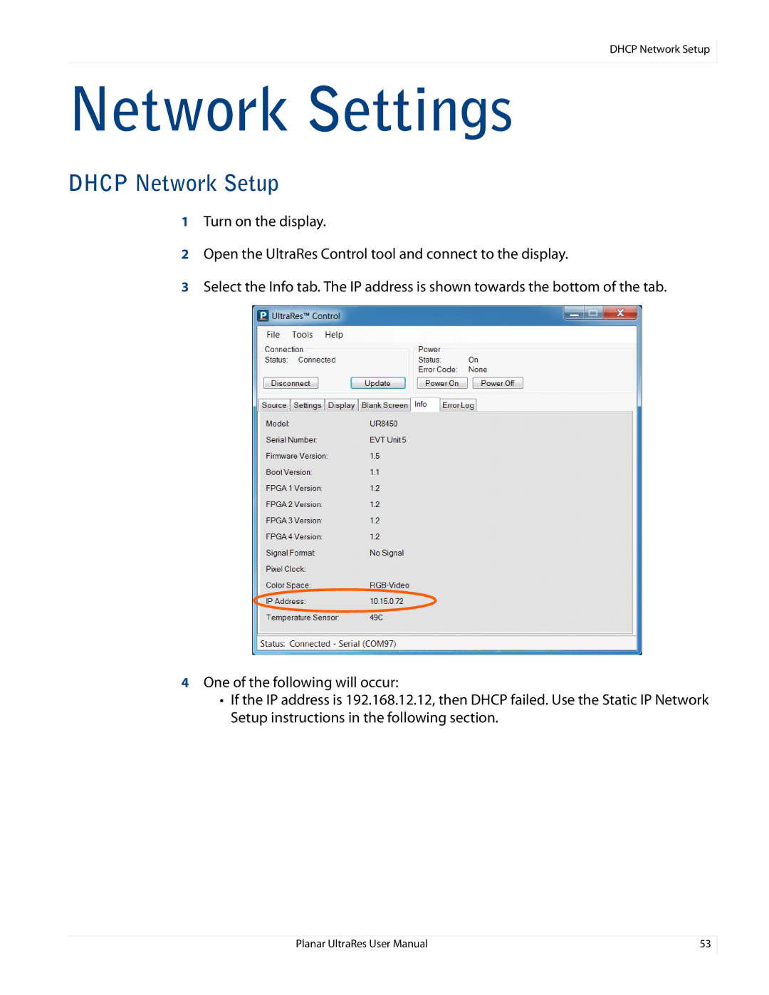 Planar UR8450-MX, UR8450-LX, UR8450-3D manual Network Settings, Dhcp Network Setup 