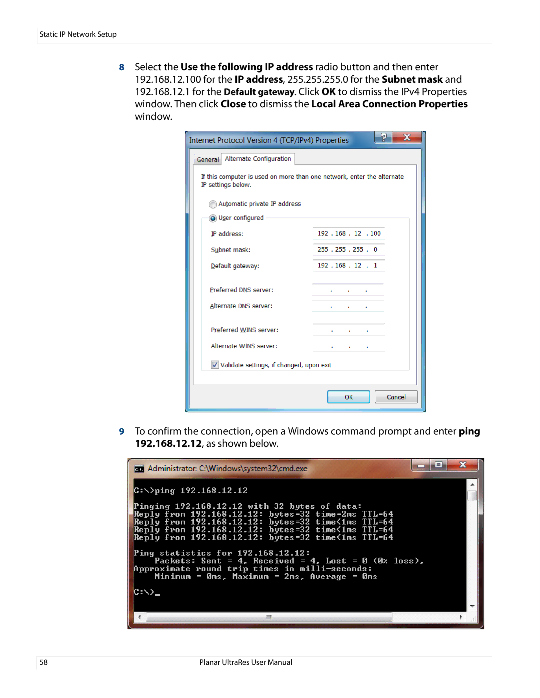 Planar UR8450-3D, UR8450-LX, UR8450-MX manual Static IP Network Setup 