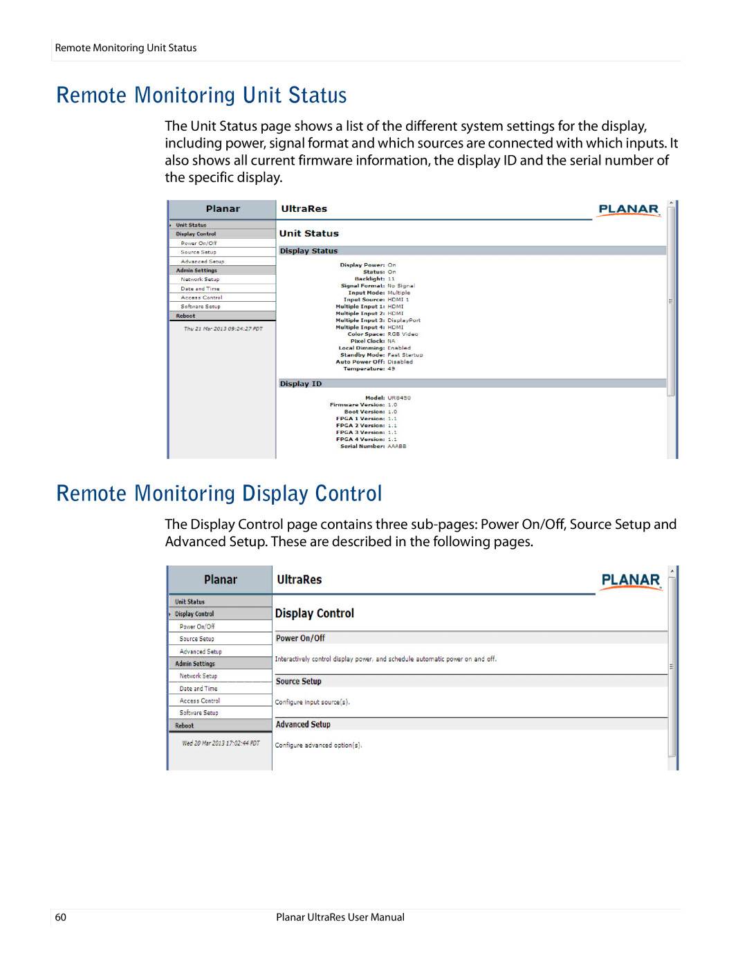 Planar UR8450-LX, UR8450-3D, UR8450-MX manual Remote Monitoring Unit Status, Remote Monitoring Display Control 