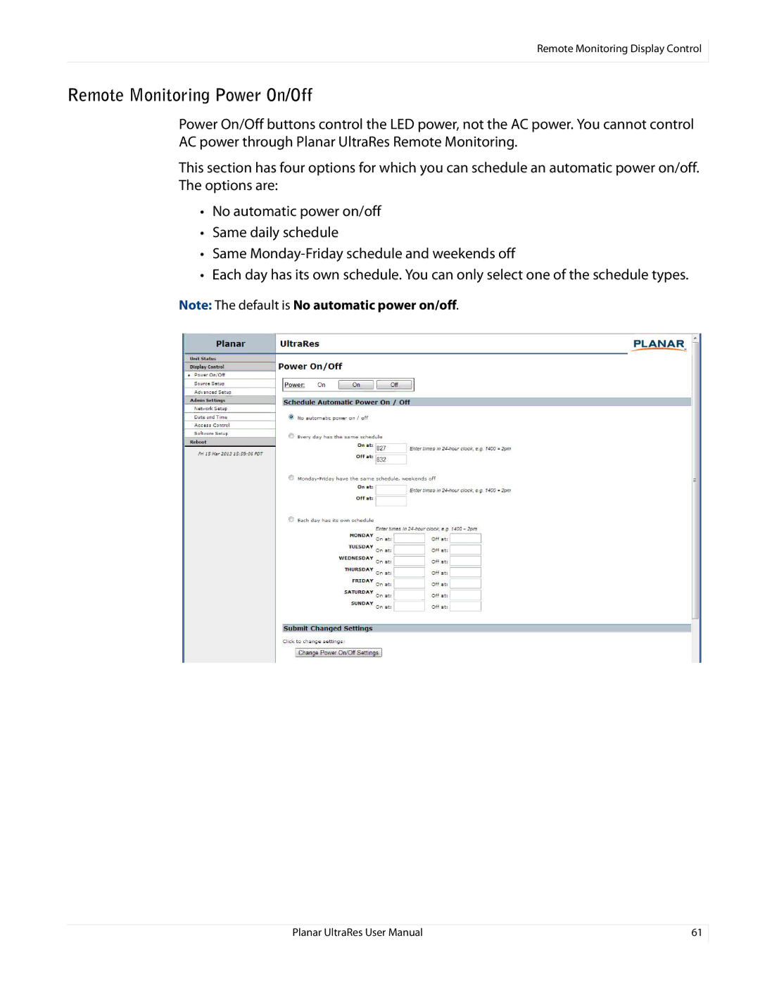 Planar UR8450-3D, UR8450-LX, UR8450-MX manual Remote Monitoring Power On/Off 