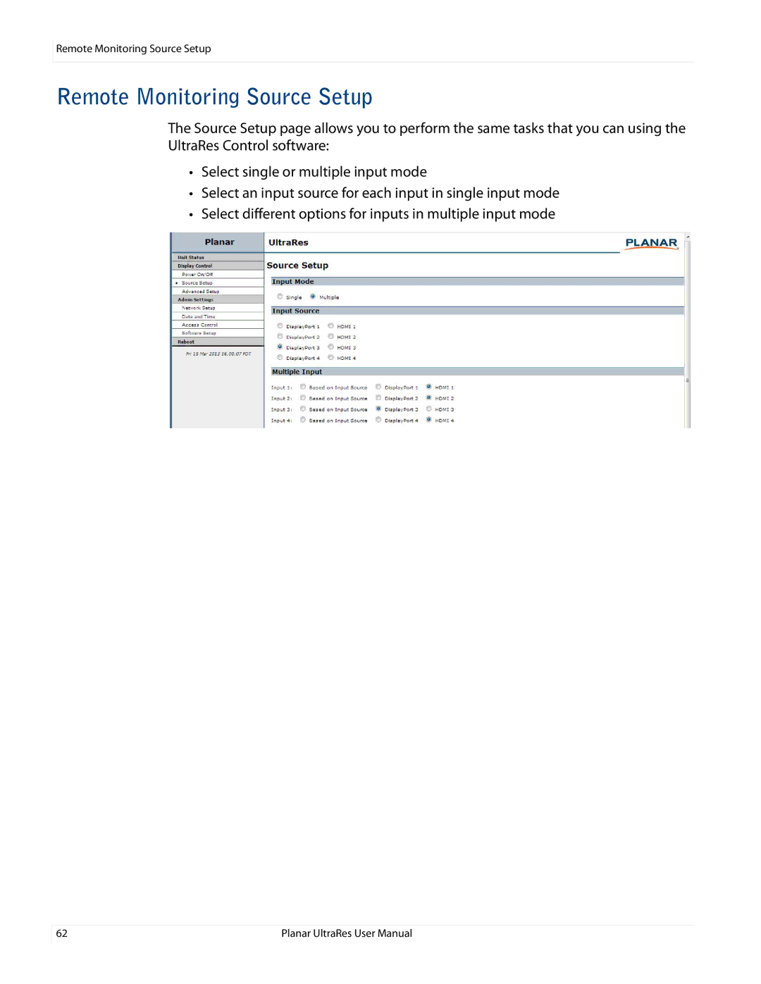 Planar UR8450-MX, UR8450-LX, UR8450-3D manual Remote Monitoring Source Setup 