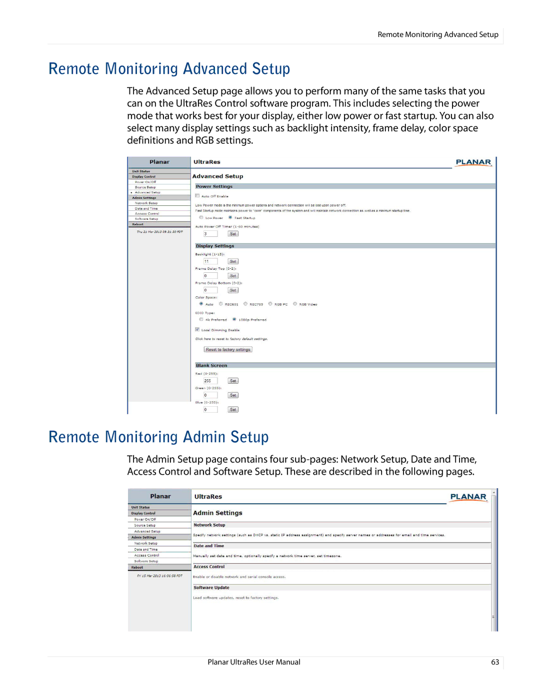 Planar UR8450-LX, UR8450-3D, UR8450-MX manual Remote Monitoring Advanced Setup, Remote Monitoring Admin Setup 