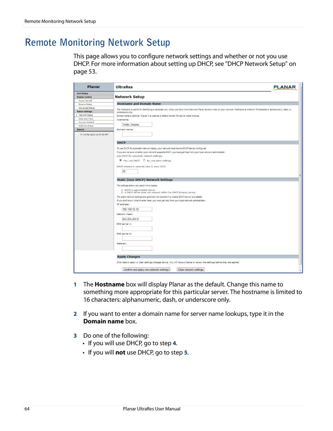 Planar UR8450-3D, UR8450-LX, UR8450-MX manual Remote Monitoring Network Setup 