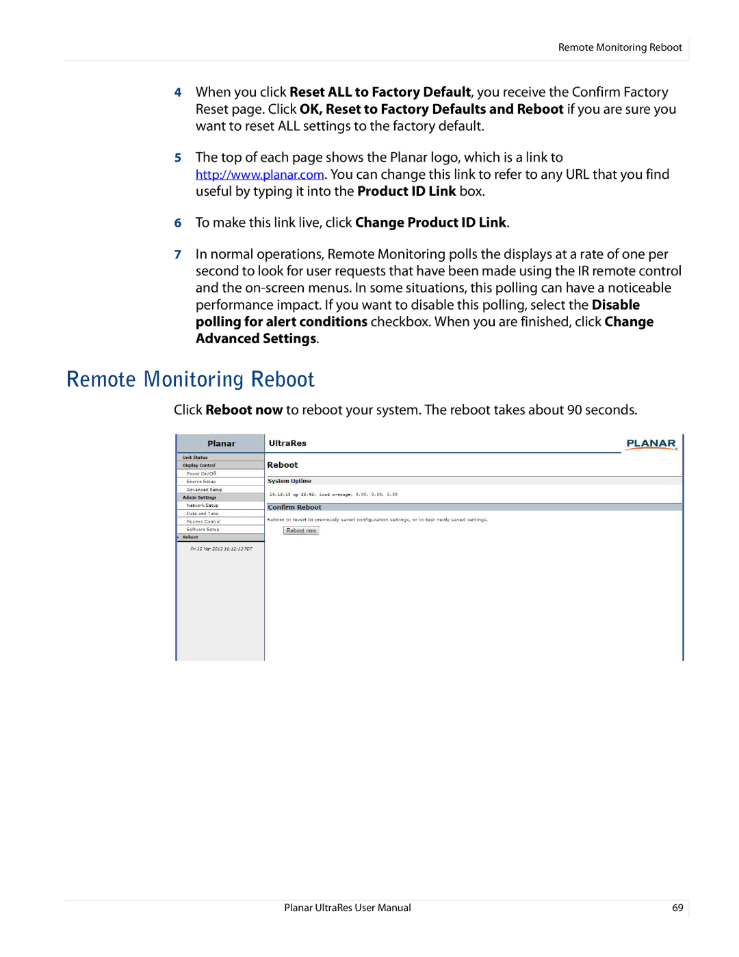 Planar UR8450-LX, UR8450-3D, UR8450-MX manual Remote Monitoring Reboot 