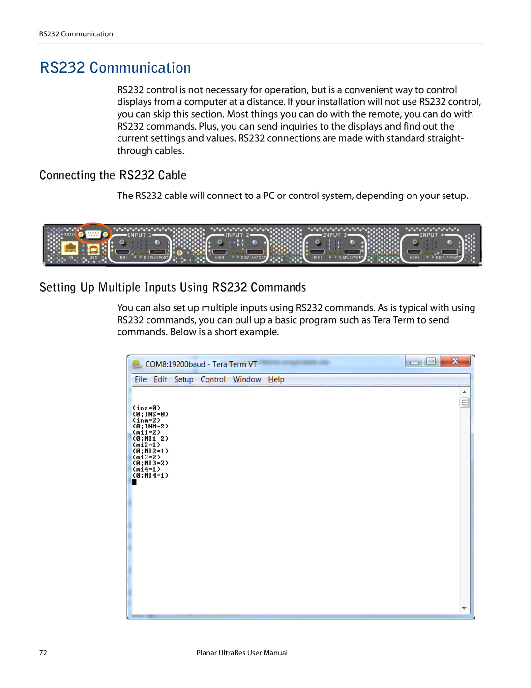 Planar UR8450-LX manual RS232 Communication, Connecting the RS232 Cable, Setting Up Multiple Inputs Using RS232 Commands 