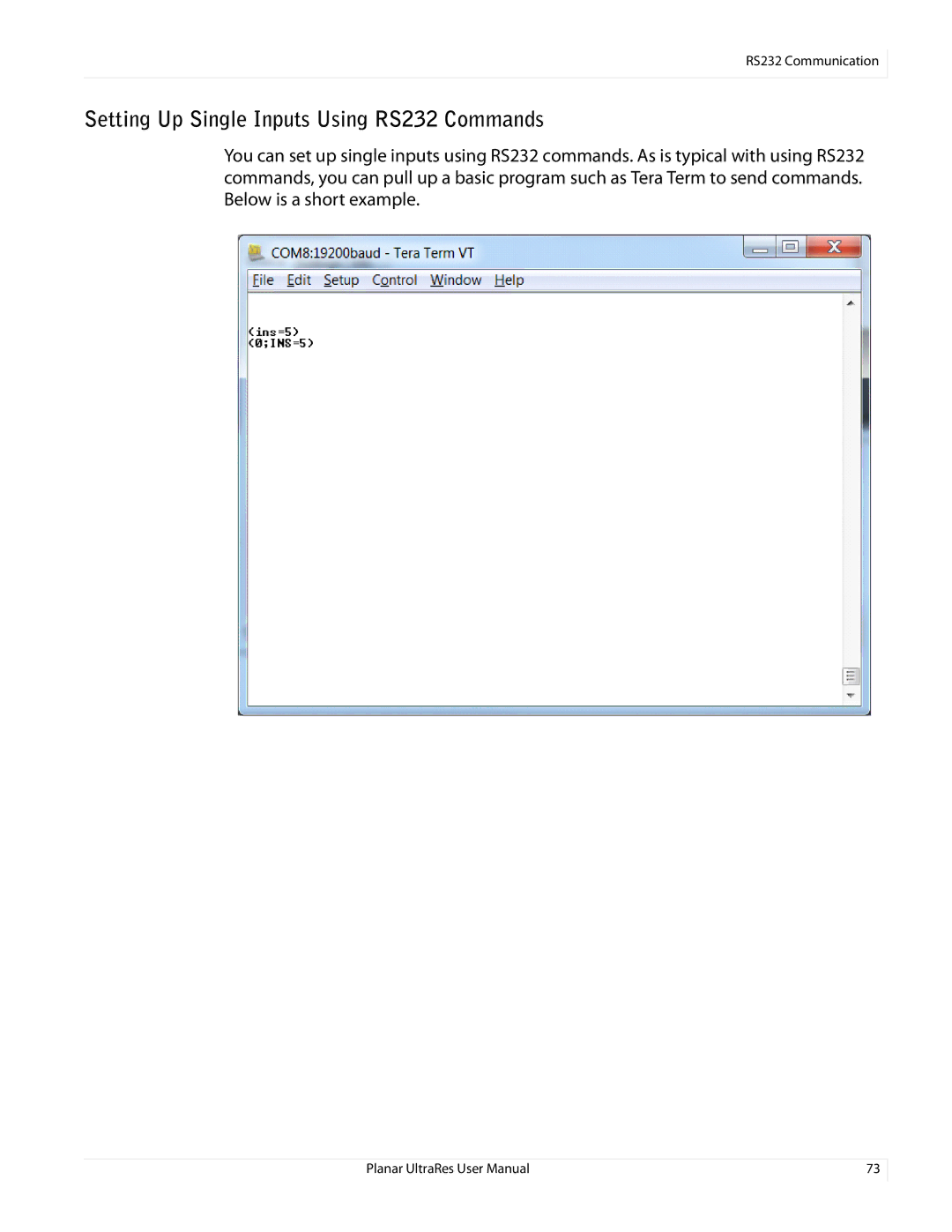 Planar UR8450-3D, UR8450-LX, UR8450-MX manual Setting Up Single Inputs Using RS232 Commands 