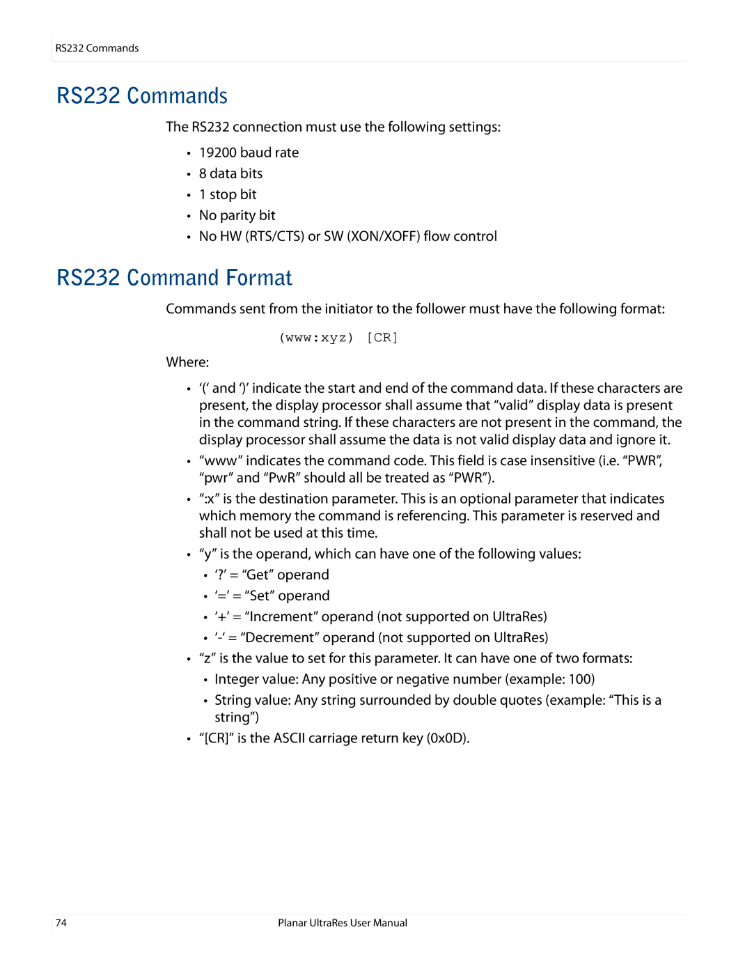 Planar UR8450-MX, UR8450-LX, UR8450-3D manual RS232 Commands, RS232 Command Format 