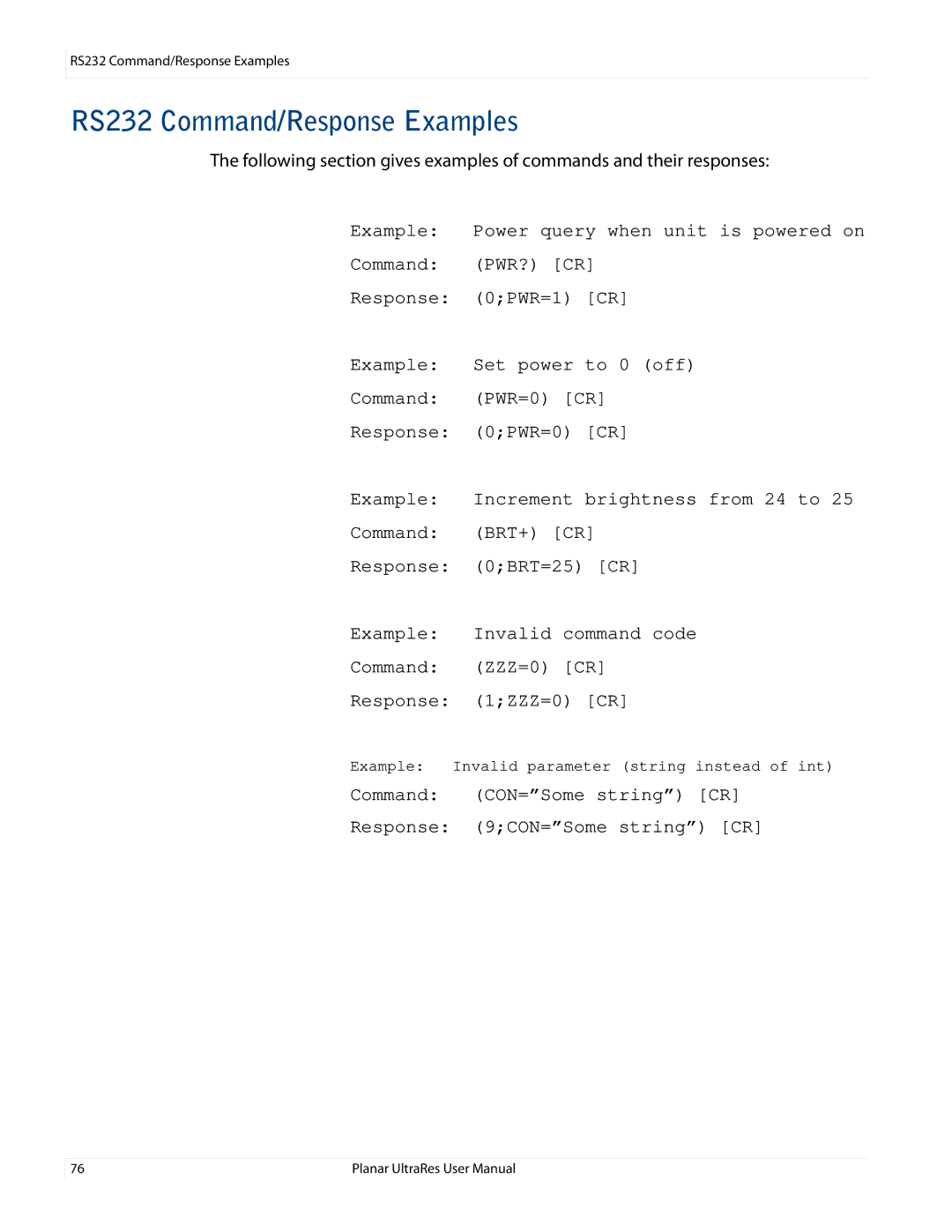 Planar UR8450-3D, UR8450-LX, UR8450-MX manual RS232 Command/Response Examples 