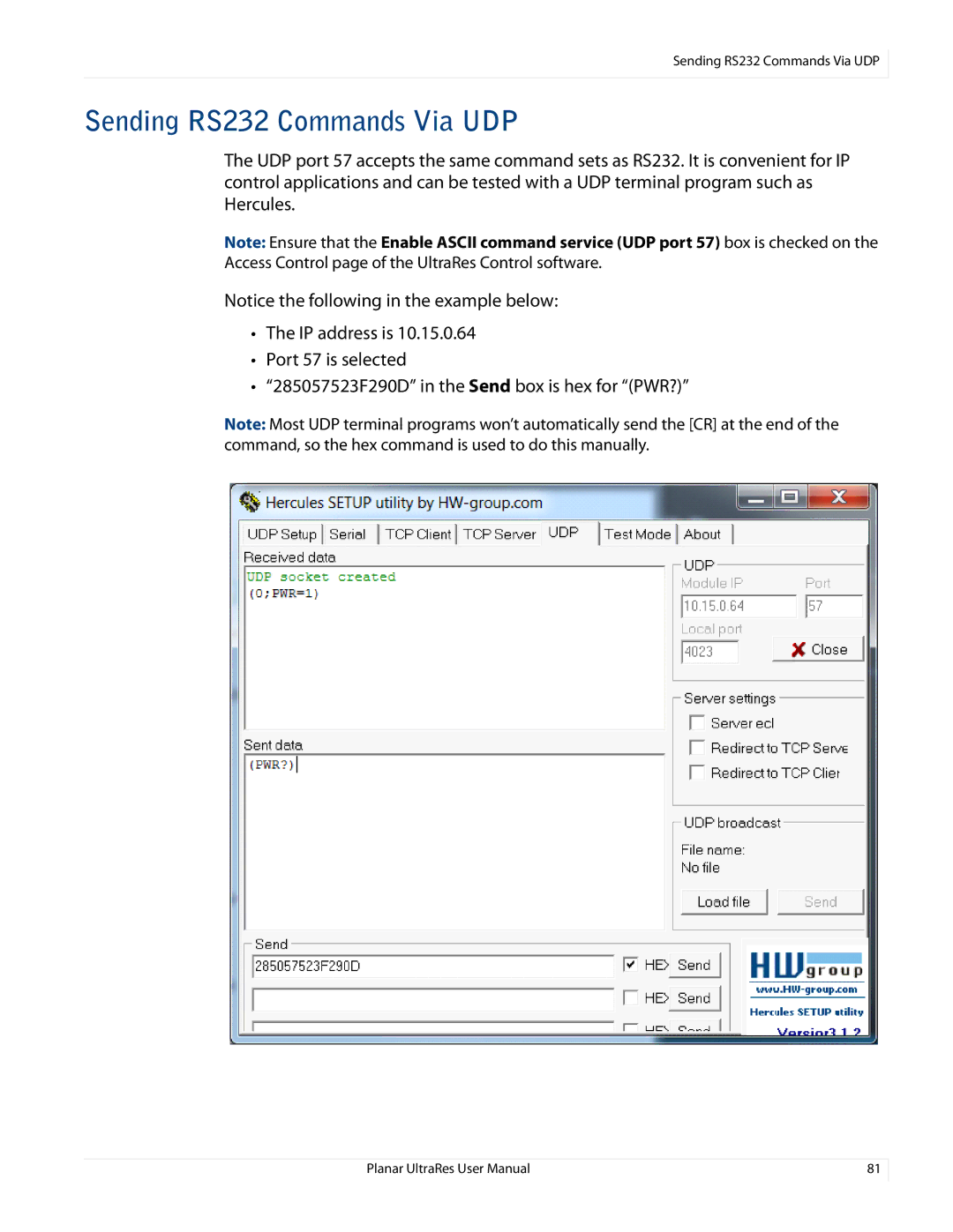 Planar UR8450-LX, UR8450-3D, UR8450-MX manual Sending RS232 Commands Via UDP 