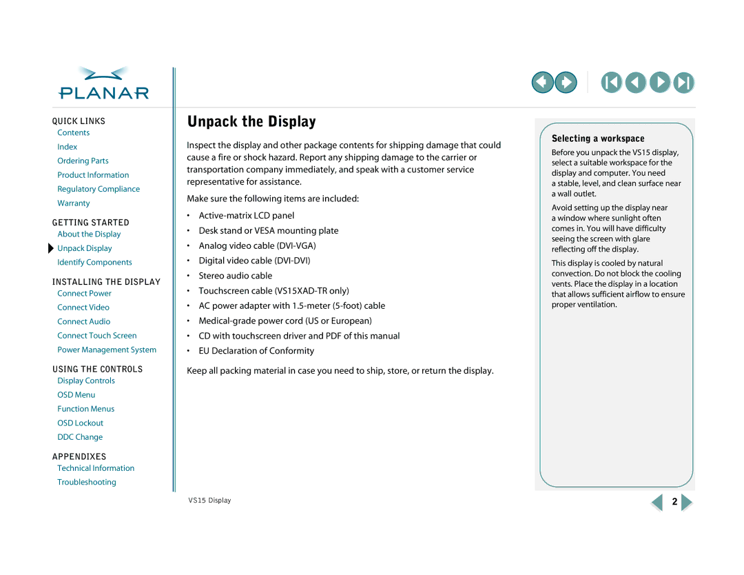 Planar VS15XAD-TR warranty Unpack the Display, Selecting a workspace 