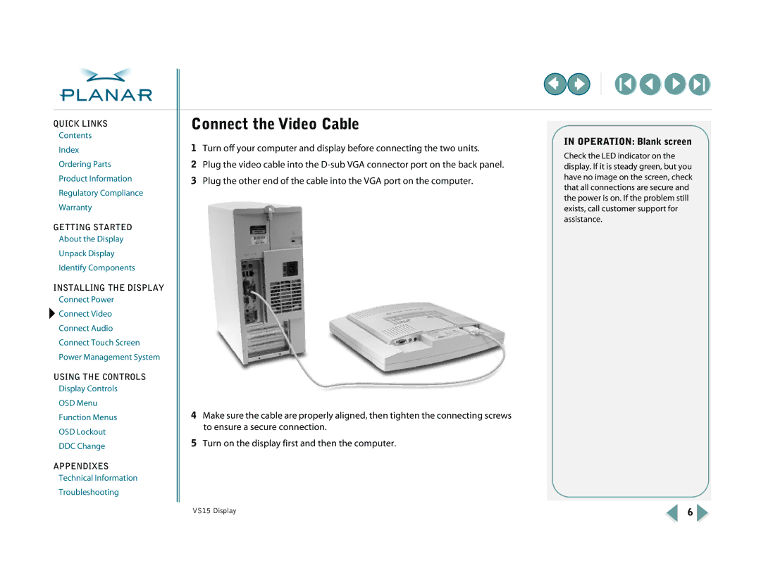 Planar VS15XAD-TR warranty Connect the Video Cable, Operation Blank screen 