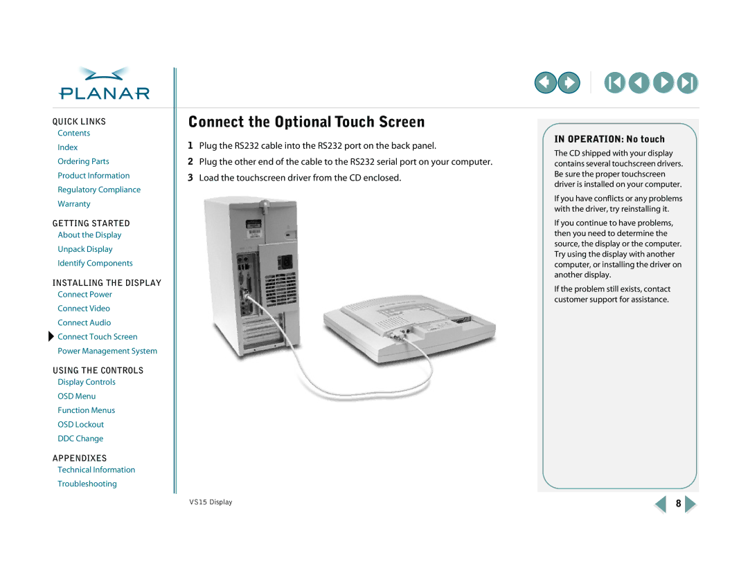 Planar VS15XAD-TR warranty Connect the Optional Touch Screen, Operation No touch 