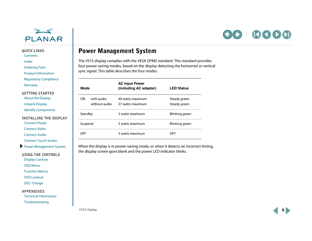 Planar VS15XAD-TR warranty Power Management System, AC Input Power Mode Including AC adapter LED Status 