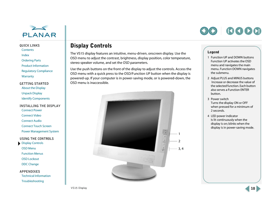 Planar VS15XAD-TR warranty Display Controls 