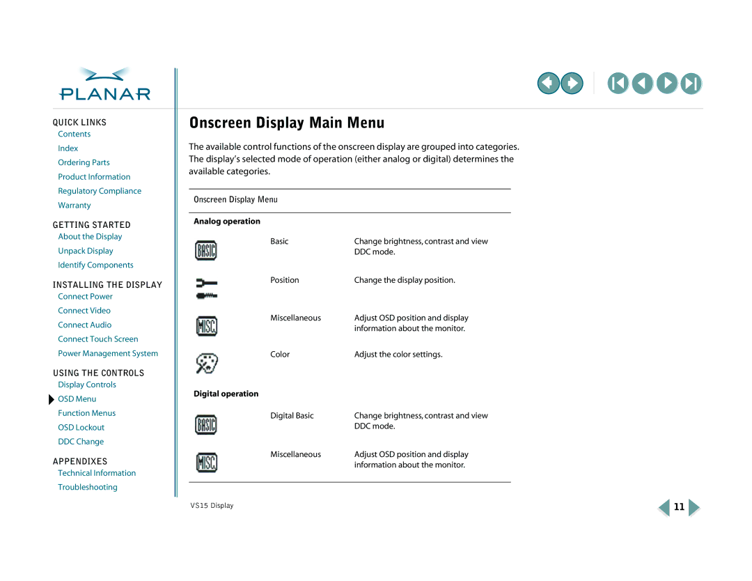 Planar VS15XAD-TR warranty Onscreen Display Main Menu, Onscreen Display Menu Analog operation, Digital operation 