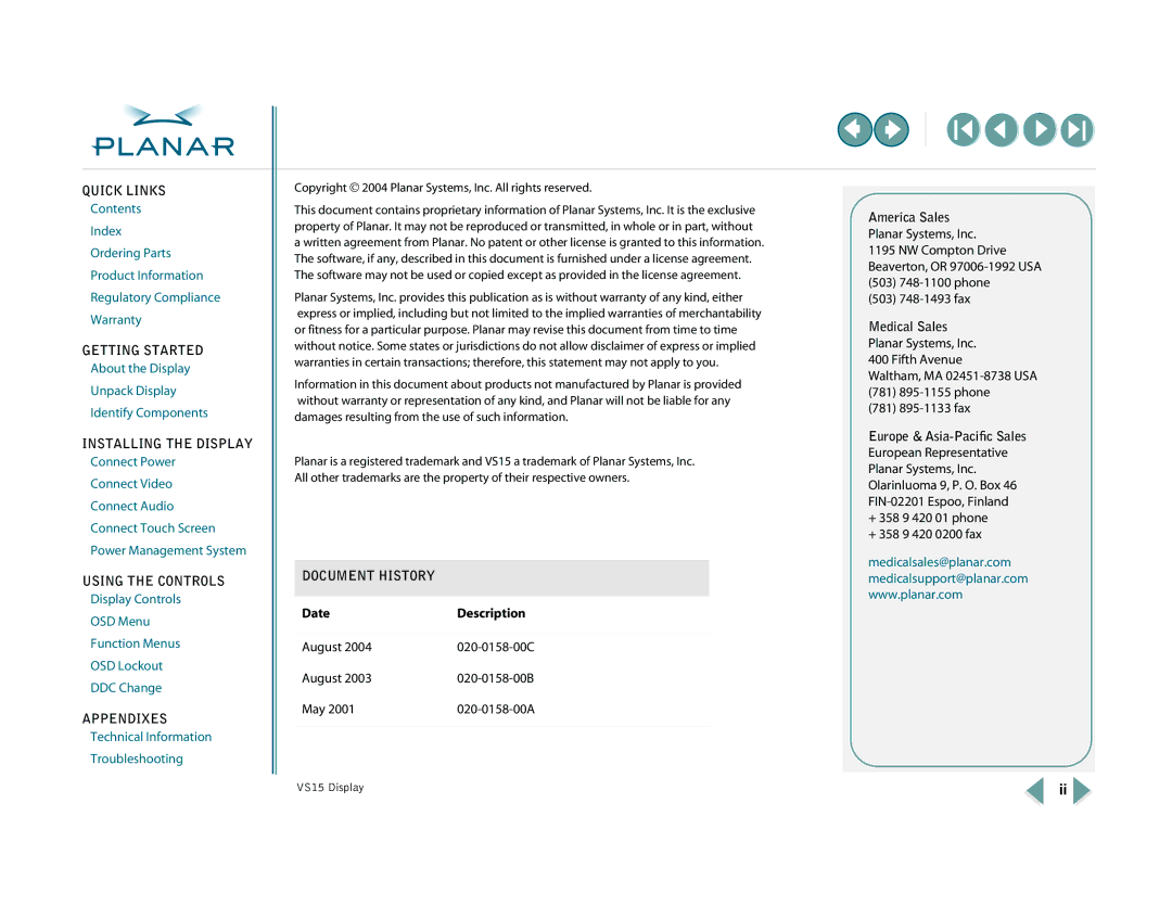 Planar VS15XAD-TR warranty Date Description, America Sales, Medical Sales, Europe & Asia-Paciﬁc Sales 