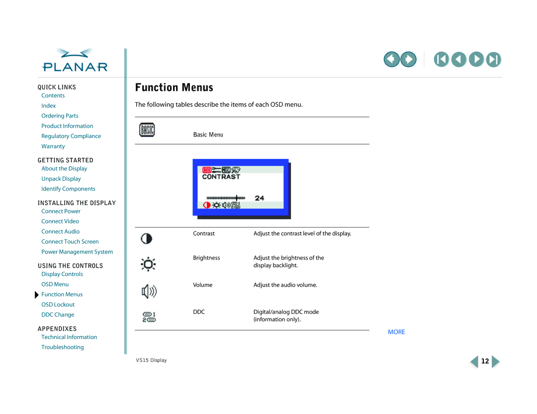 Planar VS15XAD-TR warranty Function Menus, Basic Menu 