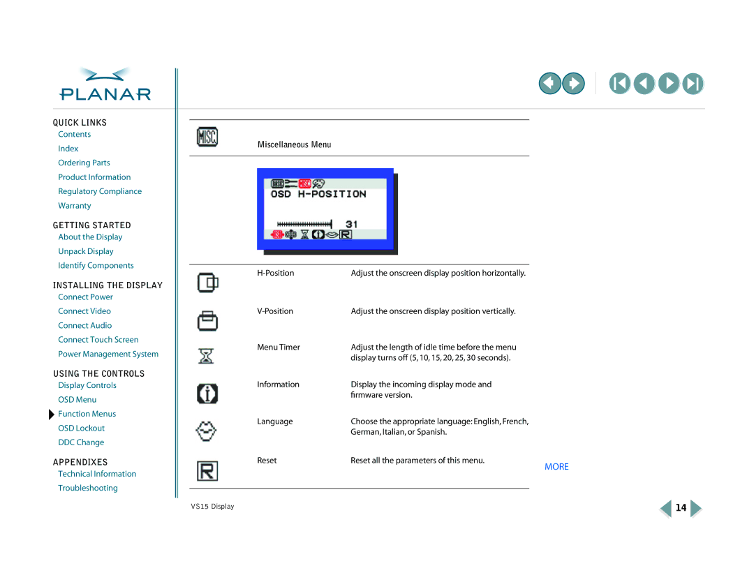 Planar VS15XAD-TR warranty Miscellaneous Menu 