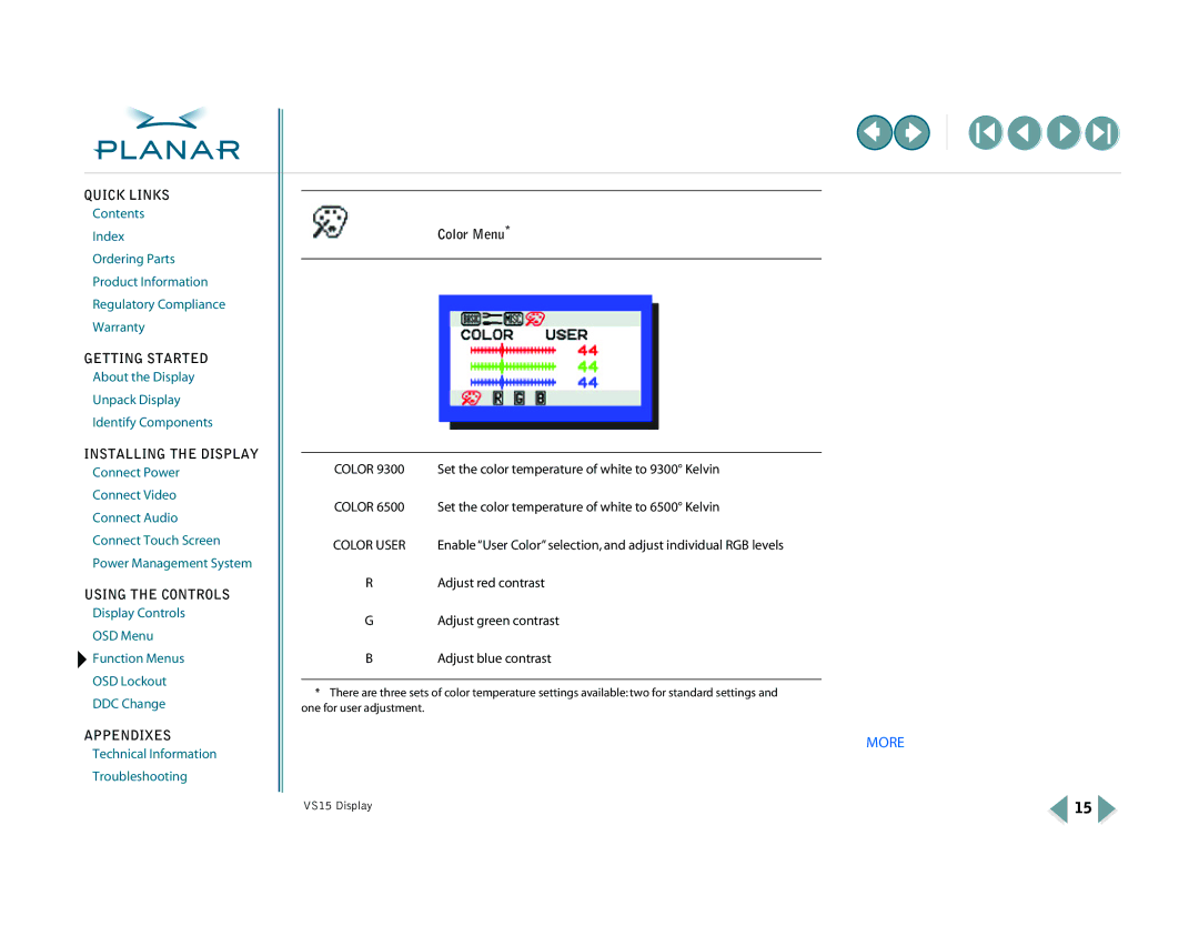 Planar VS15XAD-TR warranty Color Menu, Adjust blue contrast 