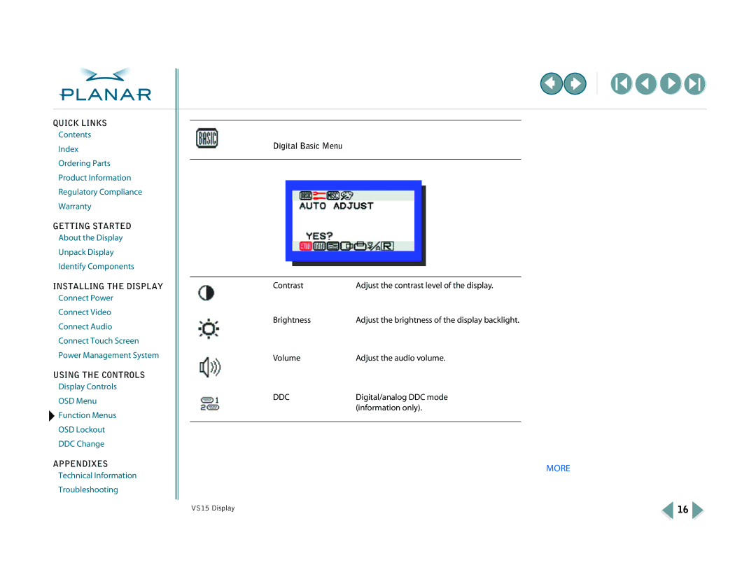 Planar VS15XAD-TR warranty Digital Basic Menu 