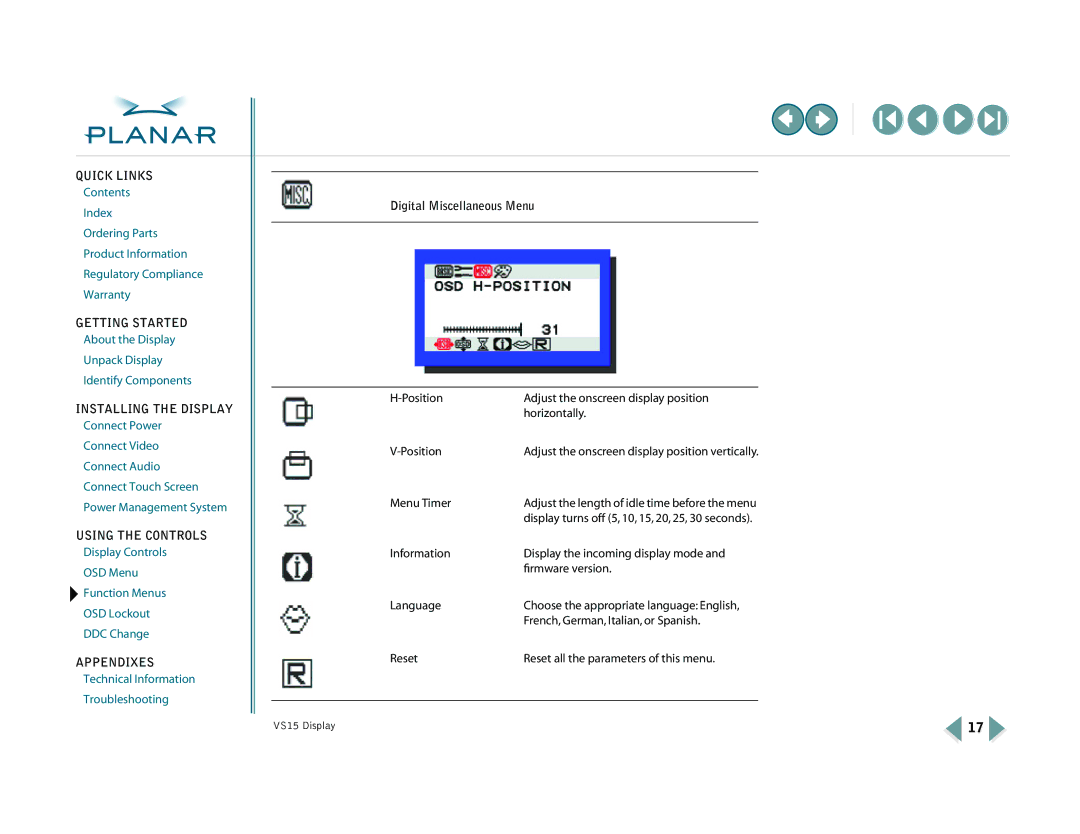 Planar VS15XAD-TR warranty Digital Miscellaneous Menu 