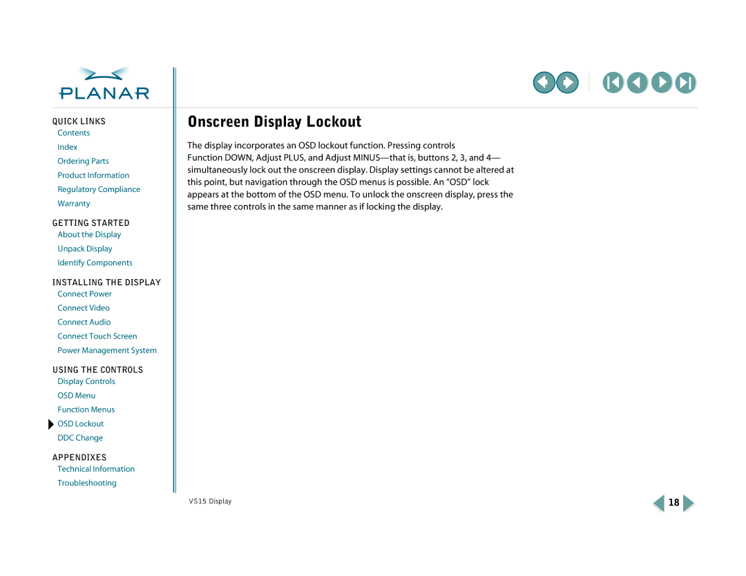 Planar VS15XAD-TR warranty Onscreen Display Lockout 