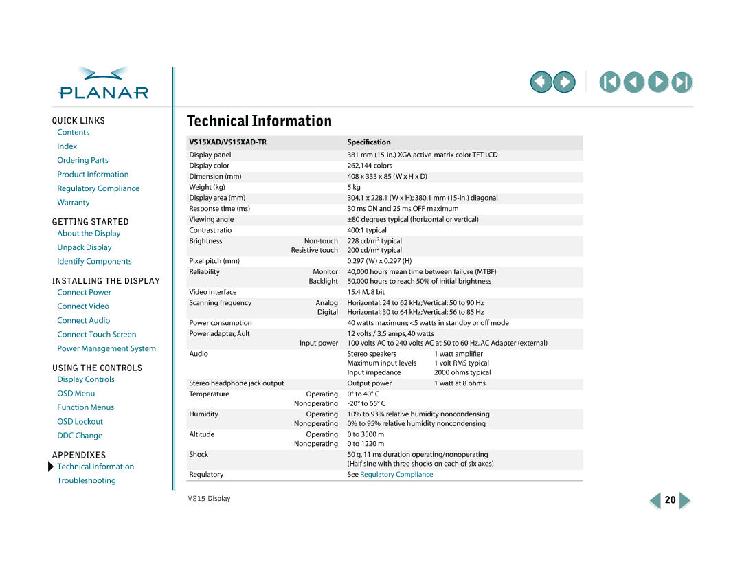 Planar warranty Technical Information, VS15XAD/VS15XAD-TR 