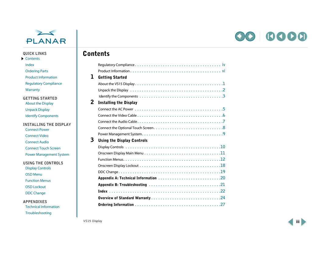 Planar VS15XAD-TR warranty Contents 