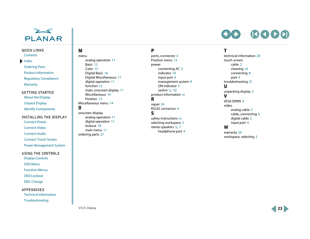 Planar VS15XAD-TR warranty Menu Analog operation 11 Basic 