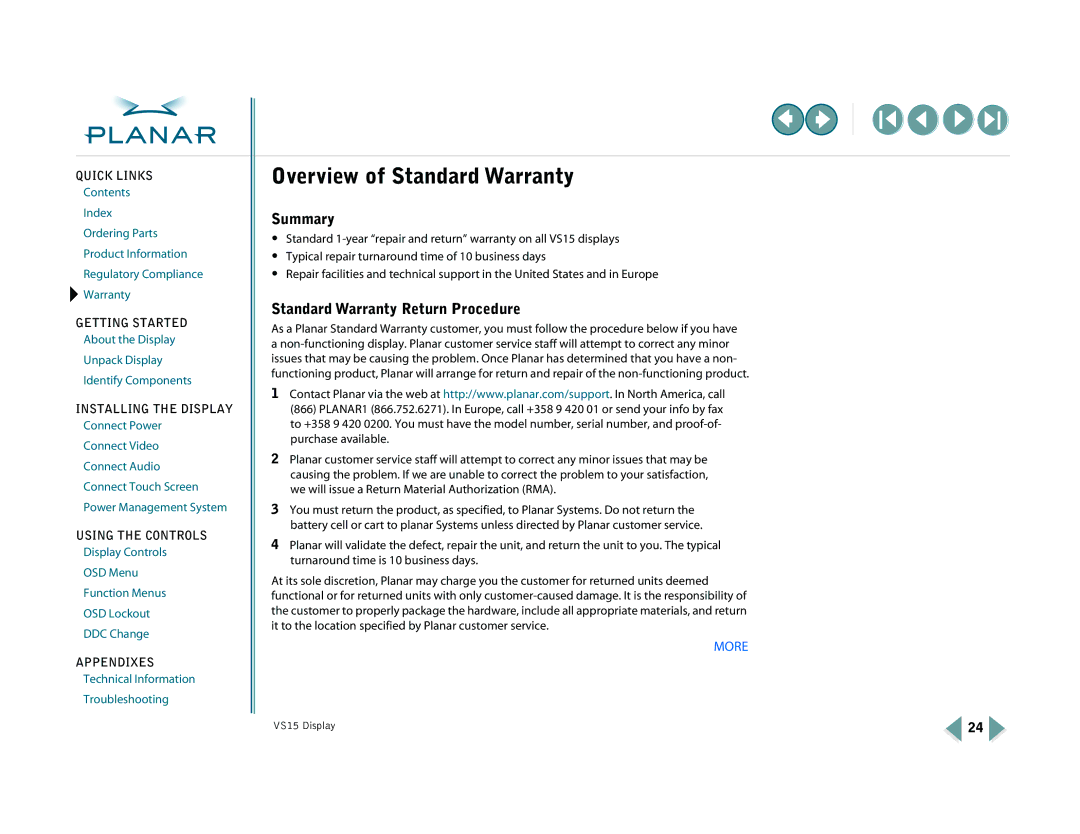 Planar VS15XAD-TR warranty Overview of Standard Warranty, Summary, Standard Warranty Return Procedure 