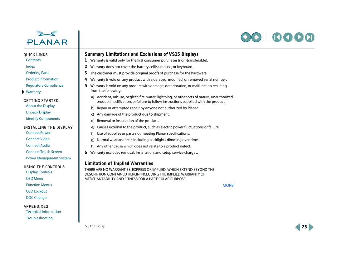 Planar VS15XAD-TR warranty Summary Limitations and Exclusions of VS15 Displays, Limitation of Implied Warranties 