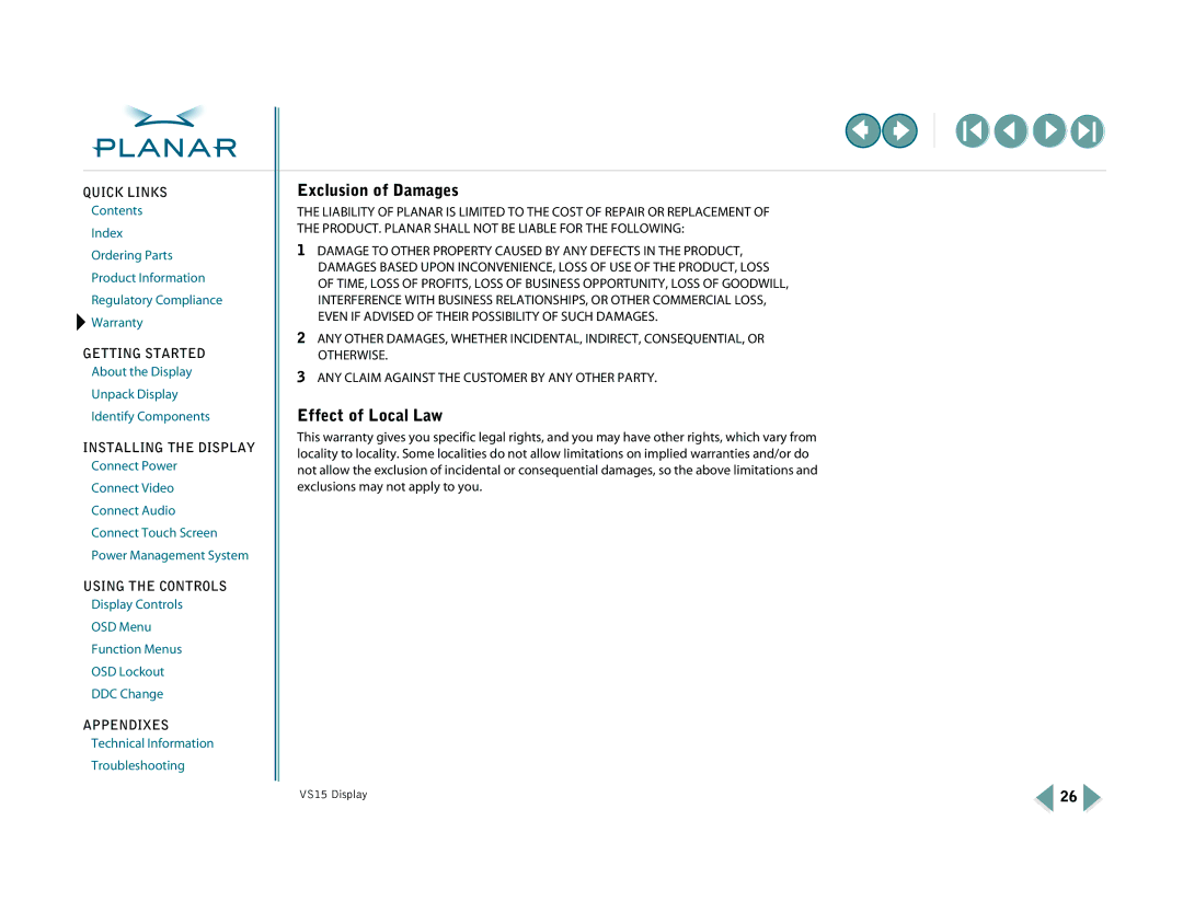 Planar VS15XAD-TR warranty Exclusion of Damages, Effect of Local Law 