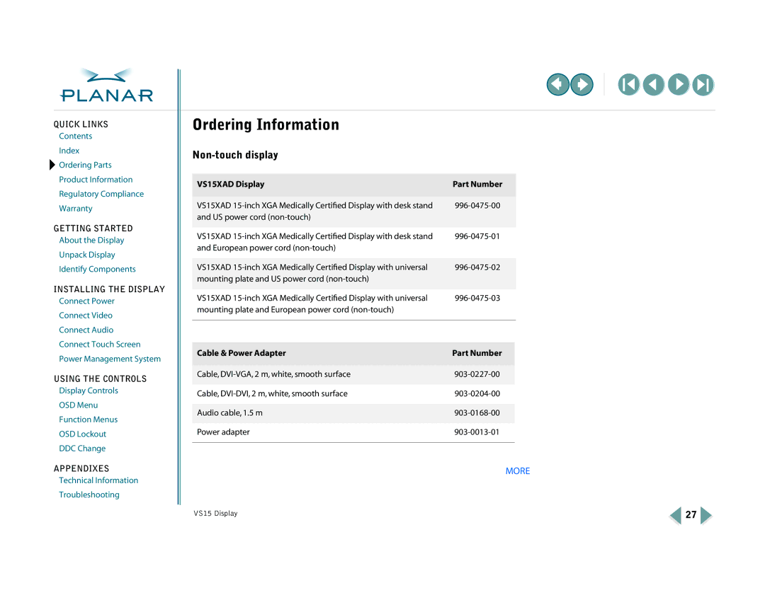 Planar VS15XAD-TR Ordering Information, Non-touch display, VS15XAD Display Part Number, Cable & Power Adapter Part Number 