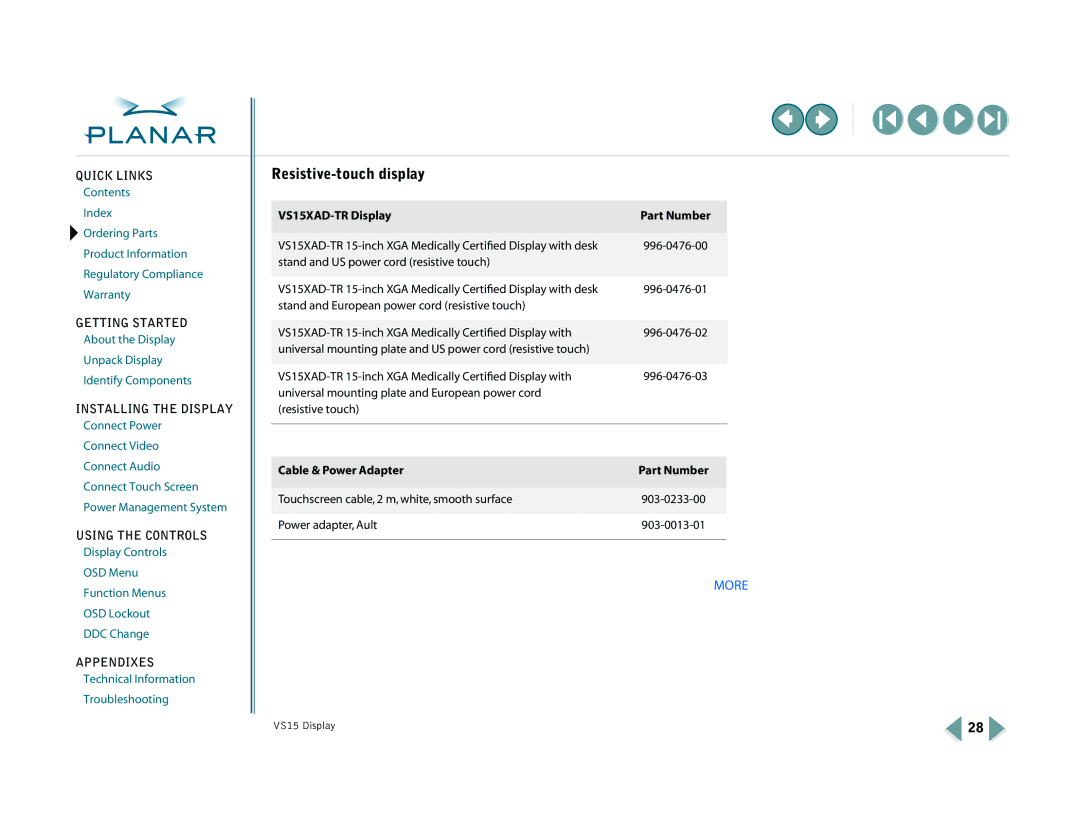 Planar warranty Resistive-touch display, VS15XAD-TR Display Part Number 