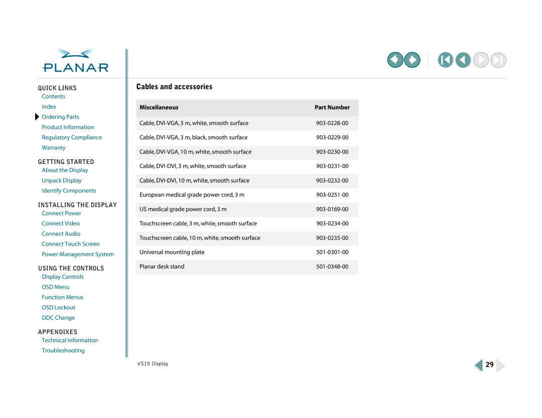 Planar VS15XAD-TR warranty Cables and accessories, Miscellaneous Part Number 