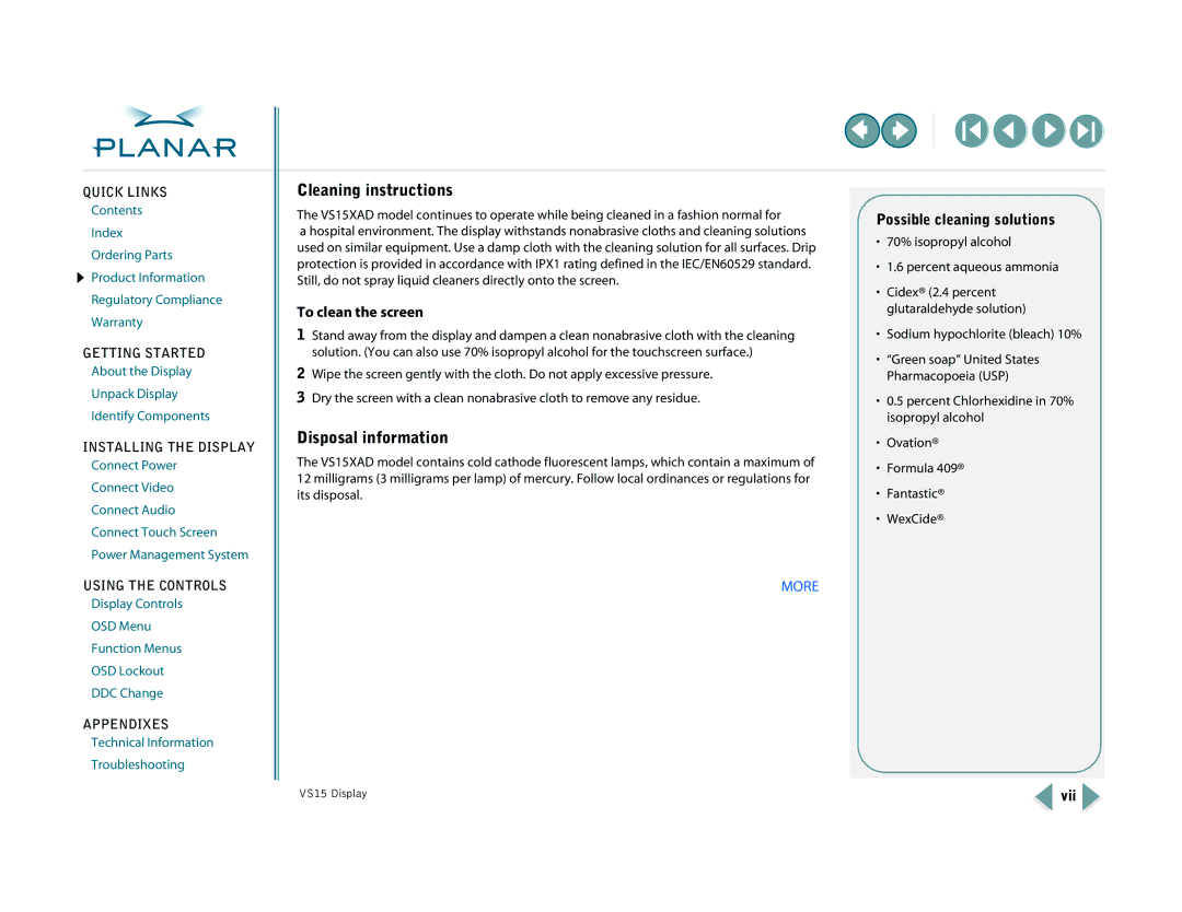 Planar VS15XAD-TR Cleaning instructions, Disposal information, To clean the screen, Possible cleaning solutions, Vii 