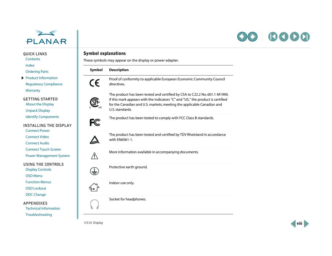 Planar VS15XAD-TR warranty Symbol explanations, Symbol Description, Viii 