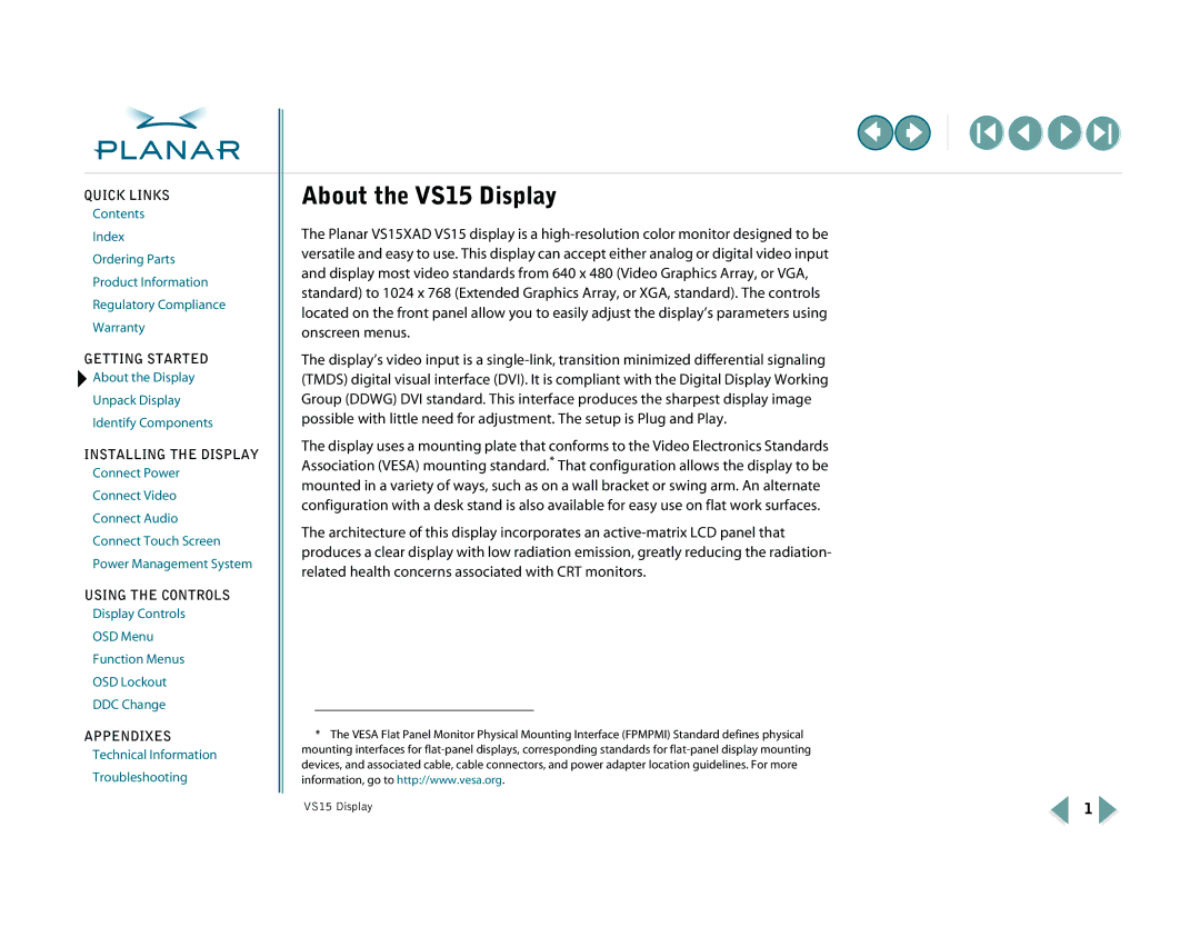 Planar VS15XAD-TR warranty About the VS15 Display 