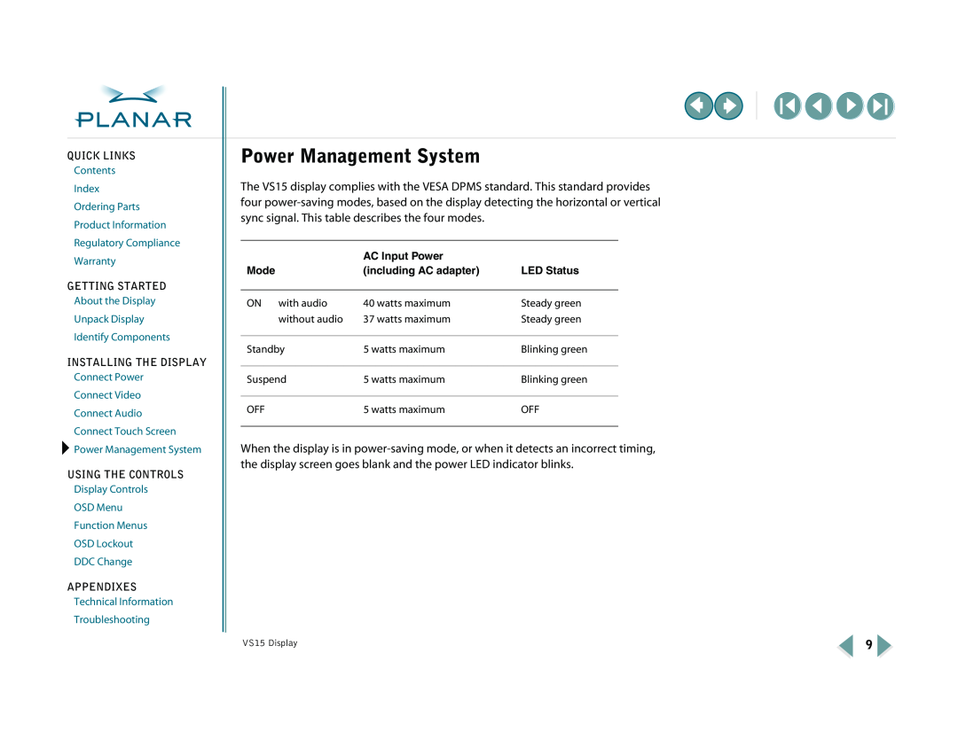 Planar VS15XAD-TR warranty Power Management System, AC Input Power, Mode, including AC adapter, LED Status 