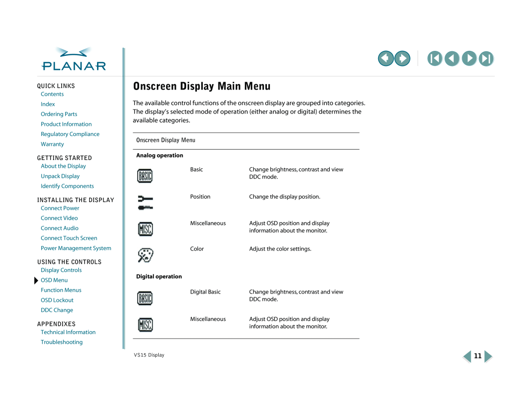 Planar VS15XAD-TR Onscreen Display Main Menu, Quick Links, Contents Index Ordering Parts Product Information, Appendixes 