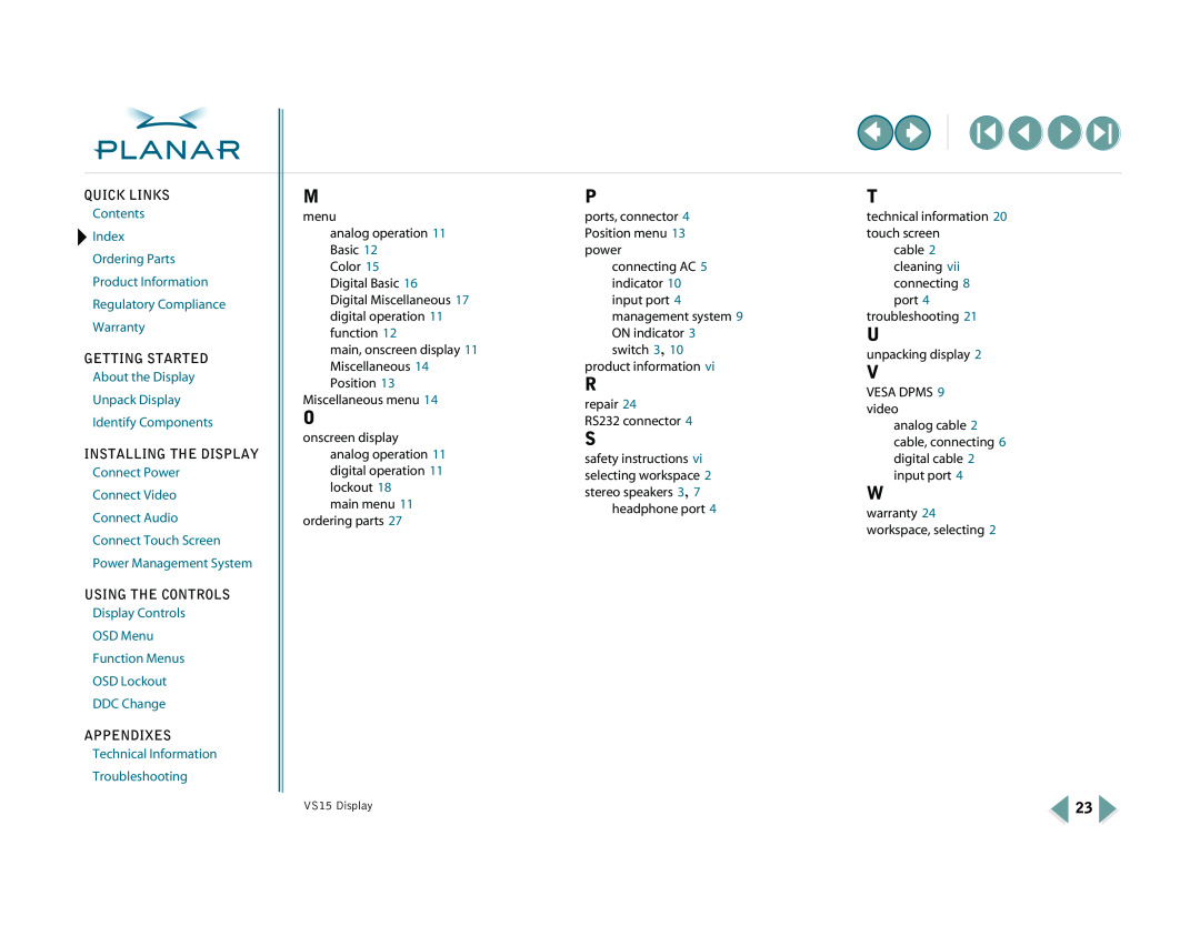 Planar VS15XAD-TR warranty Quick Links, Contents Index Ordering Parts Product Information, Regulatory Compliance Warranty 