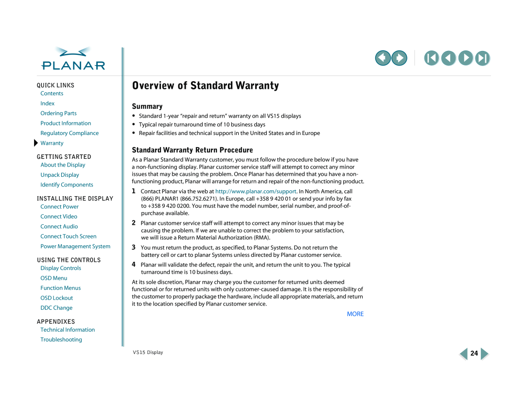 Planar VS15XAD-TR warranty Overview of Standard Warranty, Summary, Standard Warranty Return Procedure, More, Quick Links 