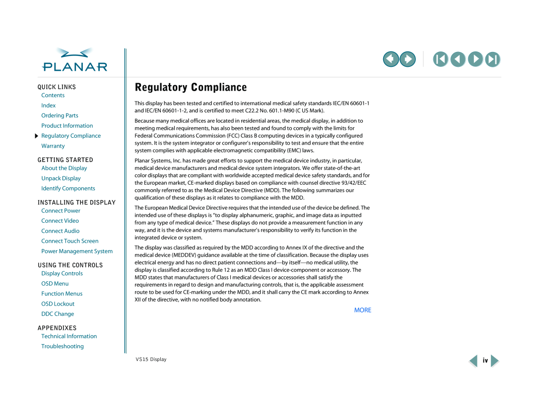 Planar VS15XAD-TR Regulatory Compliance, More, Quick Links, Contents Index Ordering Parts Product Information, Appendixes 