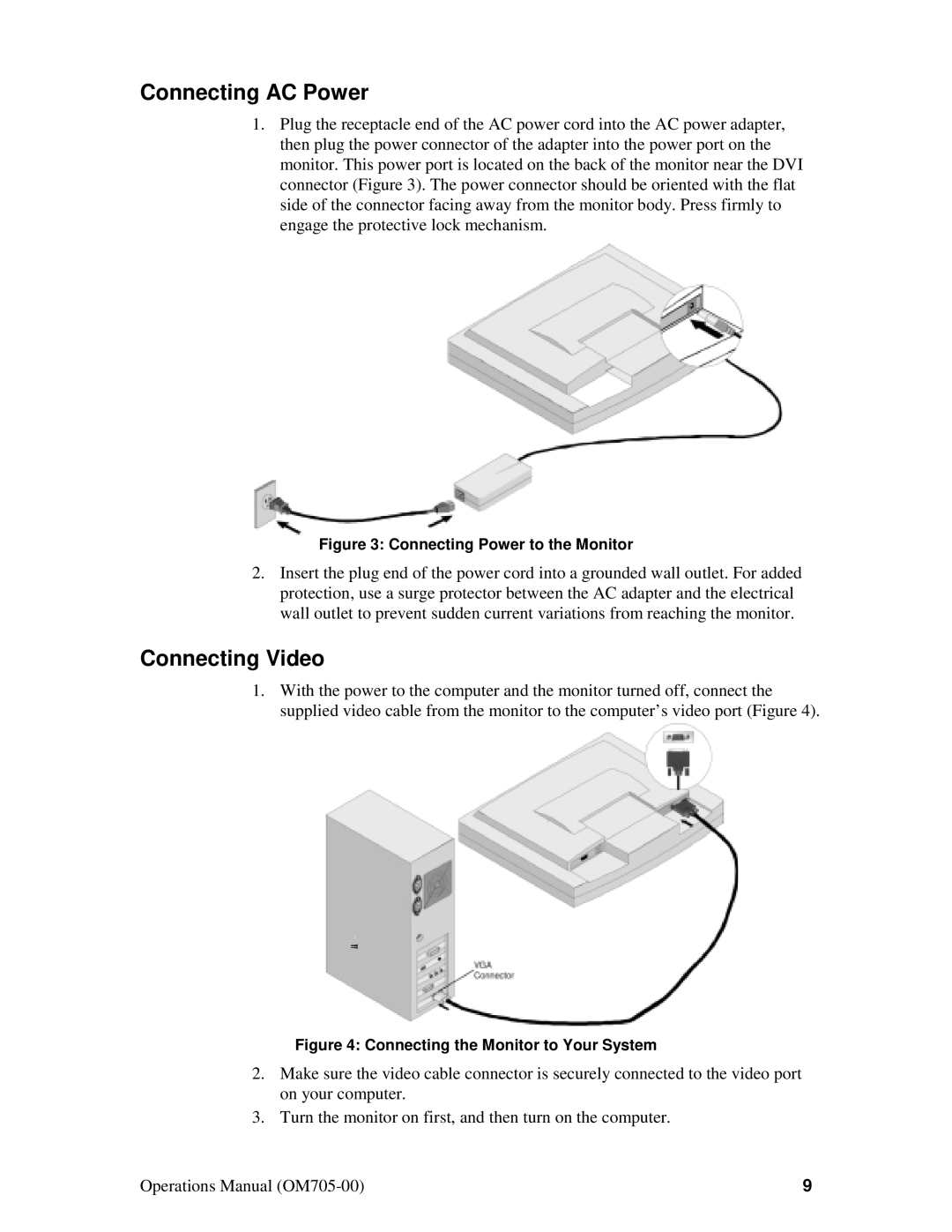 Planar VS15XAD manual Connecting AC Power, Connecting Video 