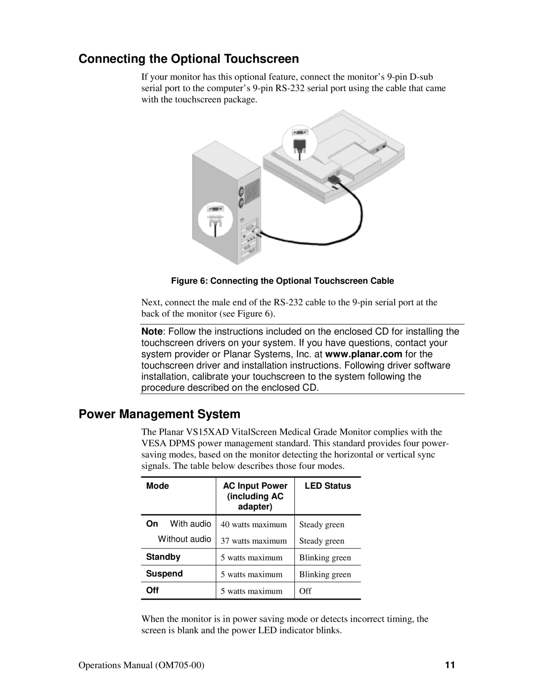 Planar VS15XAD manual Connecting the Optional Touchscreen, Power Management System 